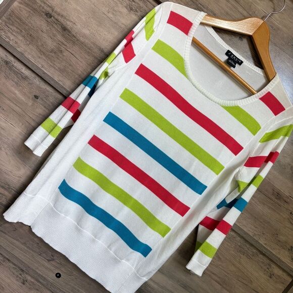 J'ENVIE New York White Green Blue Red 3/4 Sleeve Blouse Women's L - Picture 1 of 11